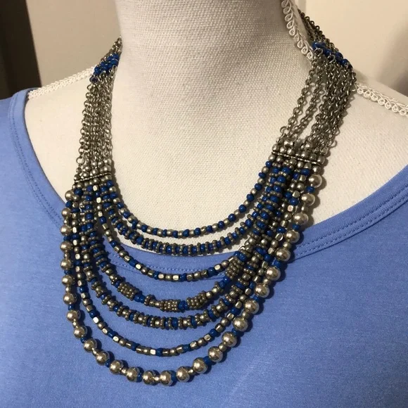 Beautiful NWT Worn Silver Tone & Royal Blue Beaded Bib Statement Necklace!! - Picture 1 of 4